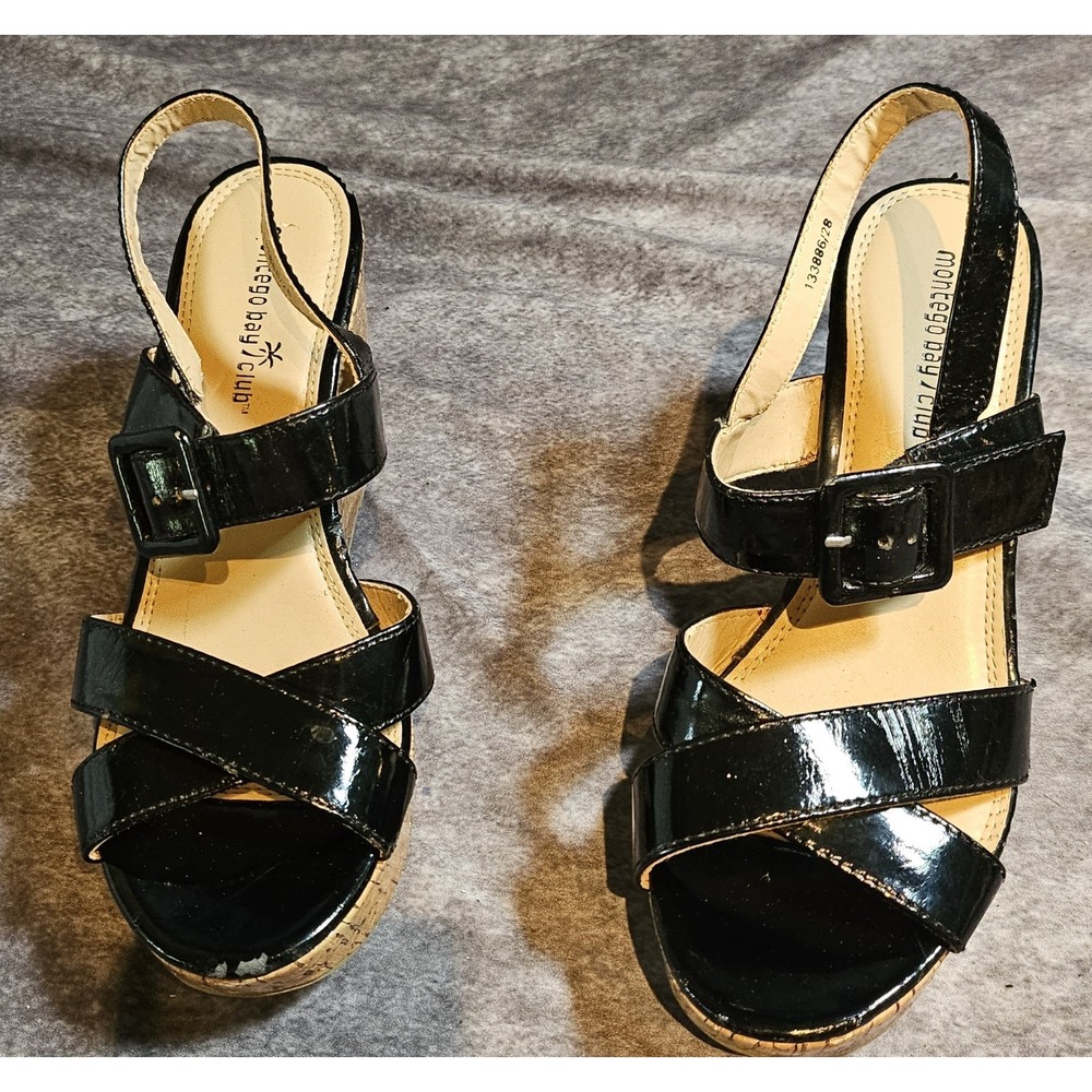 Montego Bay Club Black Patent Criss Cross Wedge Sandals Women's SZ 9